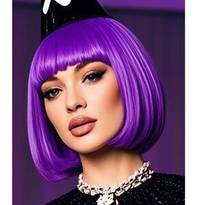 Dark Purple Short Bob Wig With Bangs 12"  Synthetic Fiber  Cosplay  Fashion